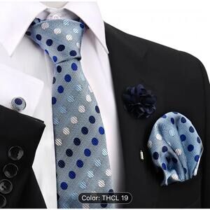 Men’s Silk Coordinated Tie Set - Light Blue with Polka Dots (pink, blue, black)